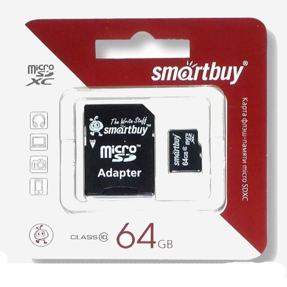 Карта памяти micro SDXC Smartbuy 64GB Class 10 (с адаптером SD)- фото