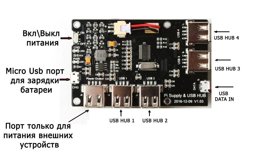 Модуль питания и USB HUB 4 + Rpi Power Pack 5V 2A 3800mAh - фото5
