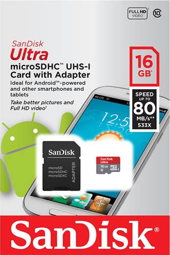 Карта памяти micro SDHC SanDisk 16GB Class10 UHS-1 Ultra Android 80MB/s (с адаптером) (SDSQUNS-016G-GN3MA) - фото