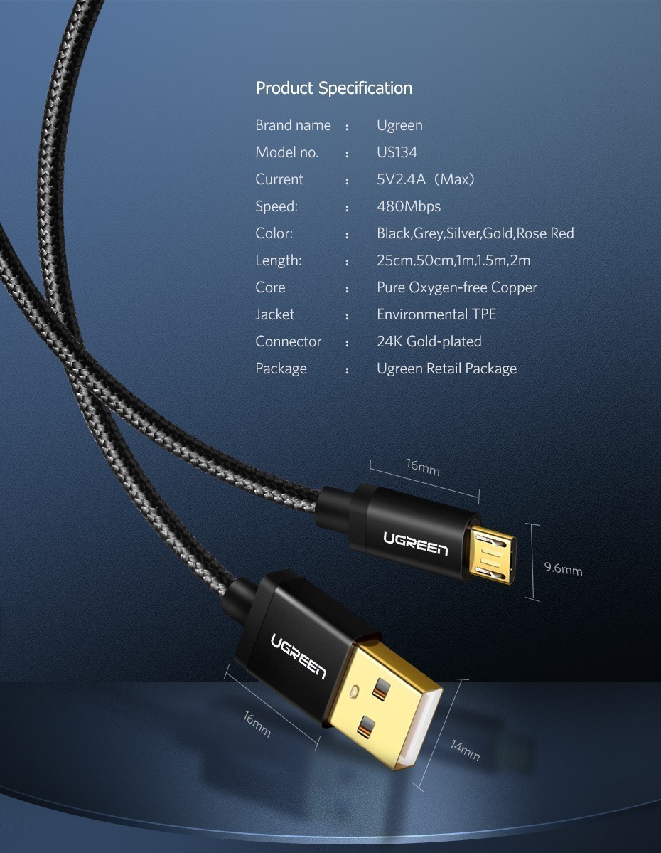 Ugreen USB - MicroUSB кабель 50см, черный, 2.4А поддержка быстрой зарядки - фото6