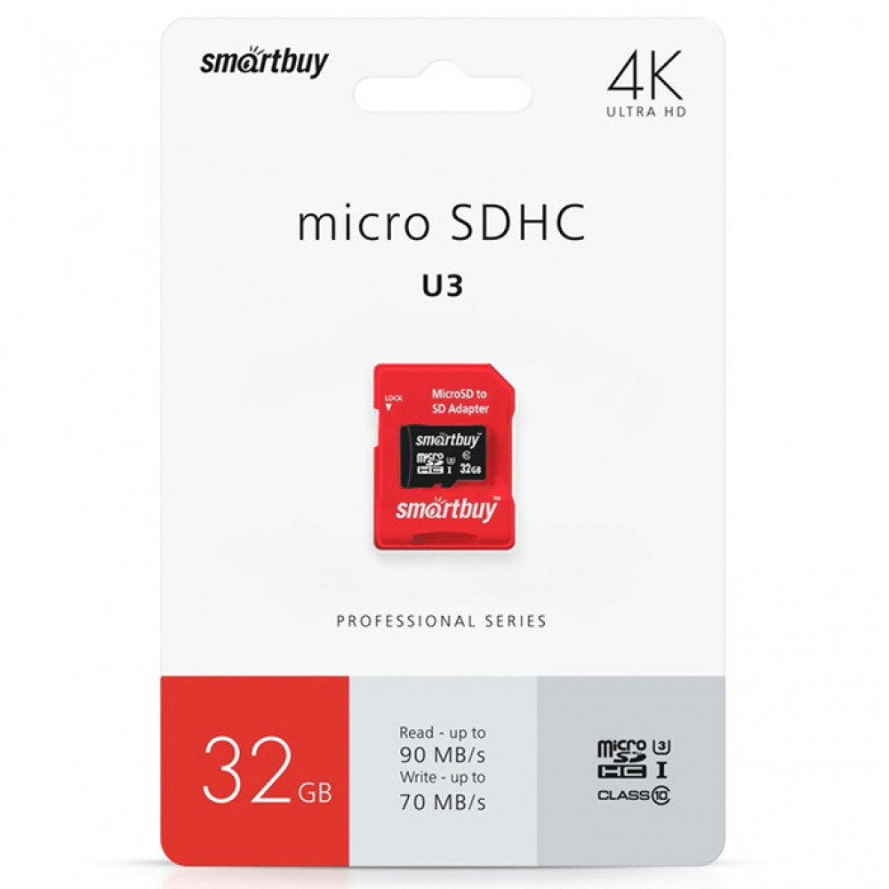 Карта памяти micro SDHC Smartbuy 32GB Class10 PRO U3 R/W:90/70 MB/s (с адаптером SD) - фото