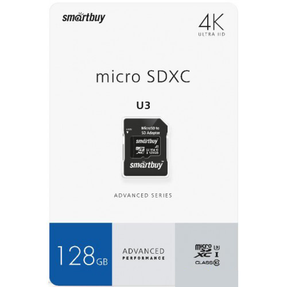 Карта памяти micro SDXC Smartbuy 128GB U3 V30 A1 Advanced R/W up to 90/55 с адапт (SB128GBSDU1A-AD)