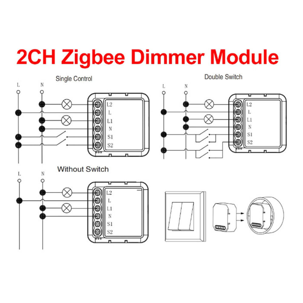 Переключатель GIRIER Tuya ZigBee 3.0 Smart Dimmer Switch Module, 2-х канальный (MAX 2x100W) - фото2