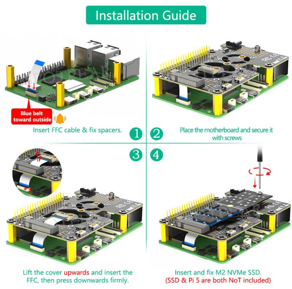 Модуль для Raspberry Pi 5 PCIe M.2 SSD 2280 3 IN 1 Dual Fans (2242/2230/2260/2280) - фото8