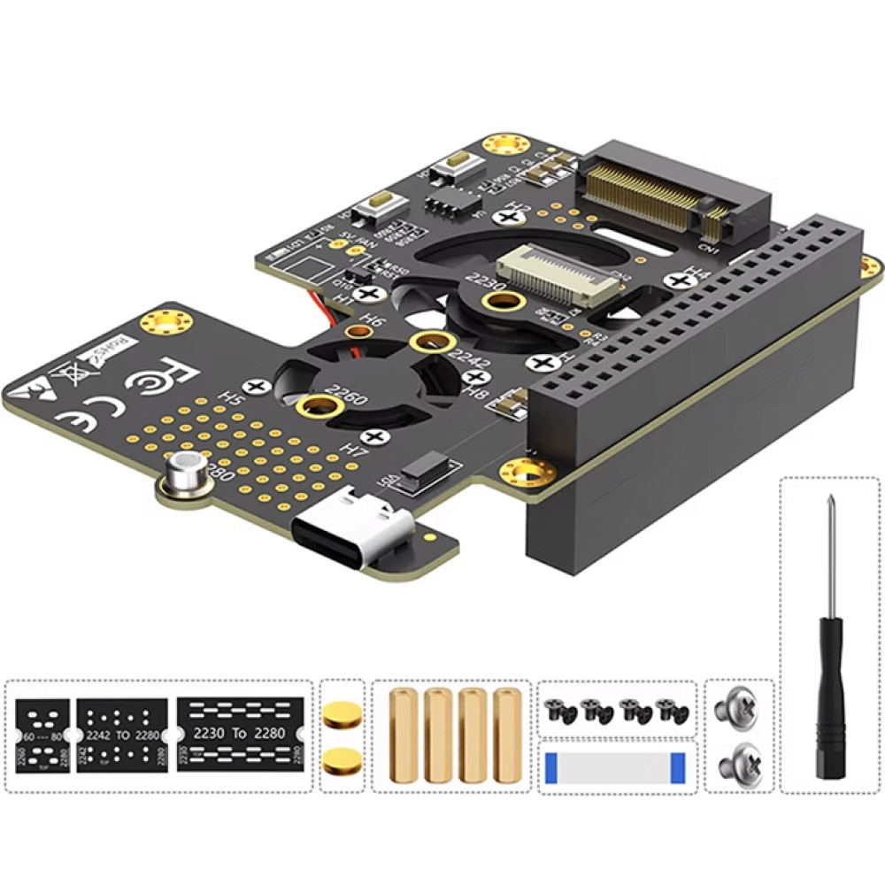 Модуль для Raspberry Pi 5 PCIe M.2 SSD 2280 3 IN 1 Dual Fans (2242/2230/2260/2280) - фото6