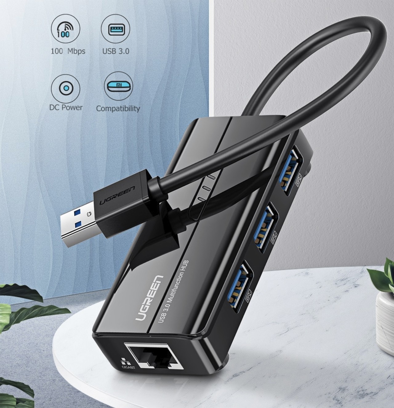 Ugreen USB - Ethernet адаптер USB 3.0 to RJ45, HUB (100Мбит) - фото