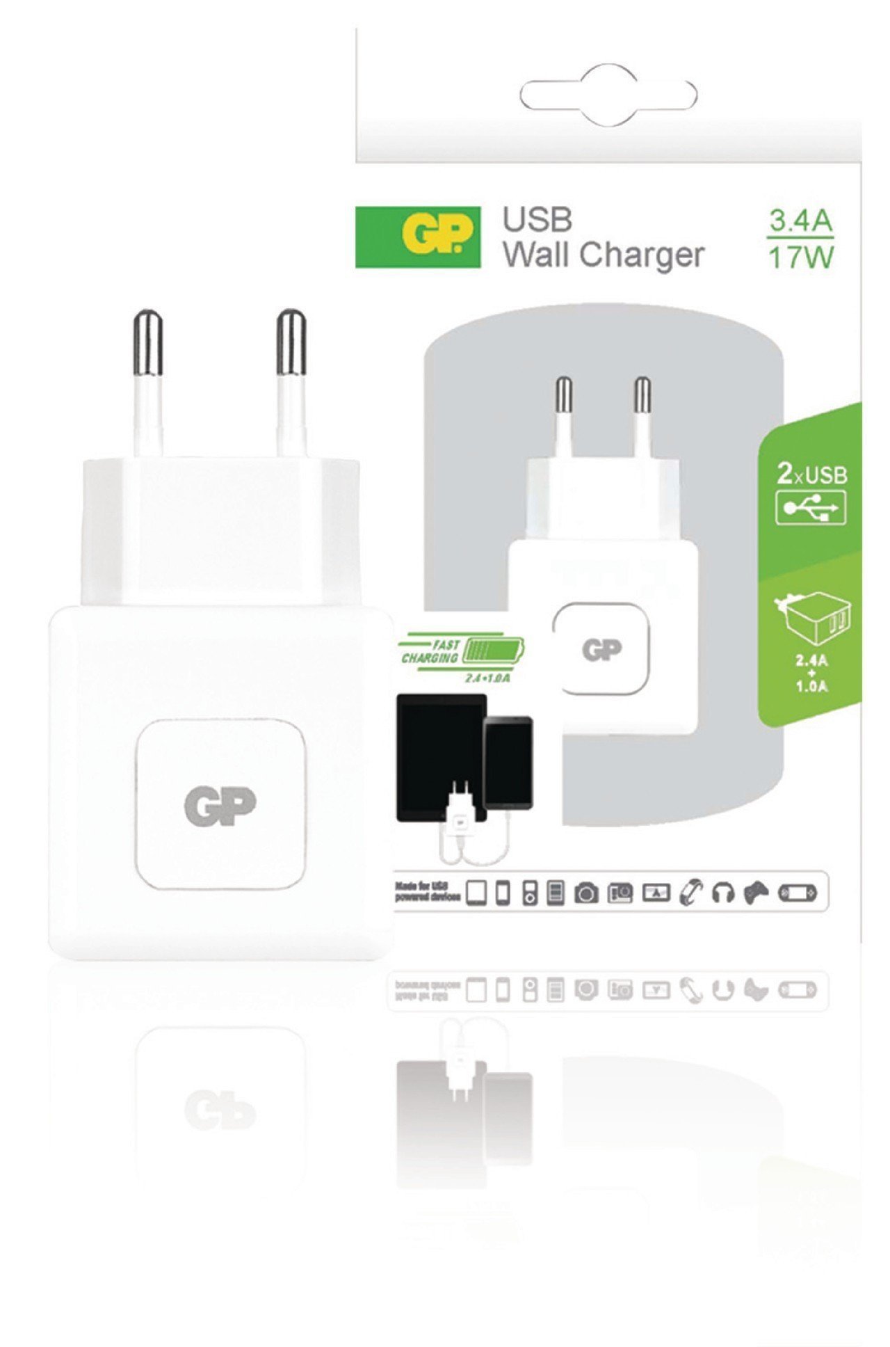 Сетевой адаптер питания GP 2 USB Wall charger 5V 3.4A (2.4A+1A) 17W WA31