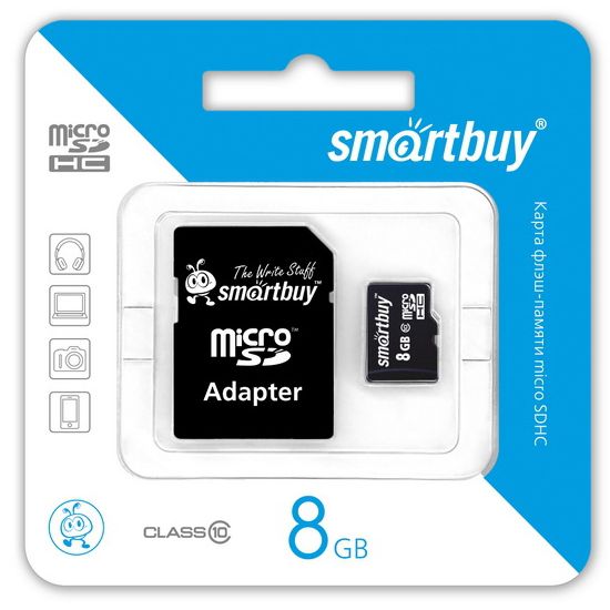 Карта памяти Micro SDHC 8Gb SmartBuy Class 10 + адаптер SD (SB8GBSDCL10-01) - фото