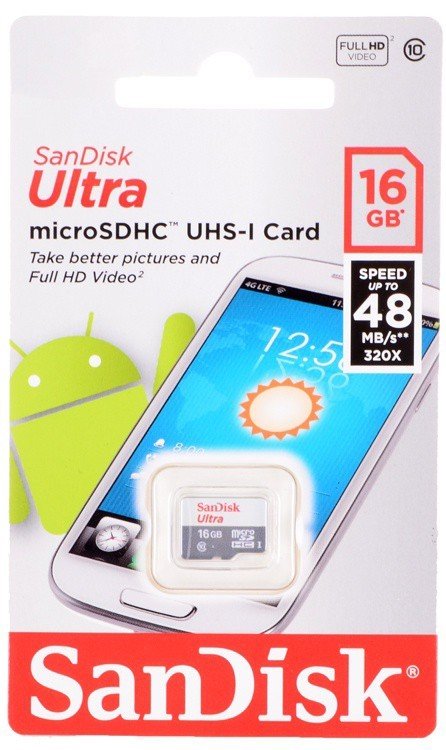 Карта памяти micro SDHC SanDisk 16GB Class10 UHS-1 Ultra Android 48MB/s (SDSQUNB-016G-GN3M)