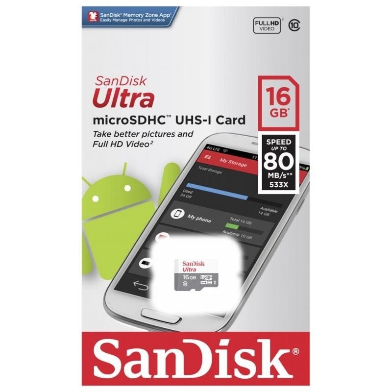 Карта памяти micro SDHC SanDisk 16GB Class10 UHS-1 Ultra Android 80MB/s (SDSQUNS-016G-GN3MN) - фото
