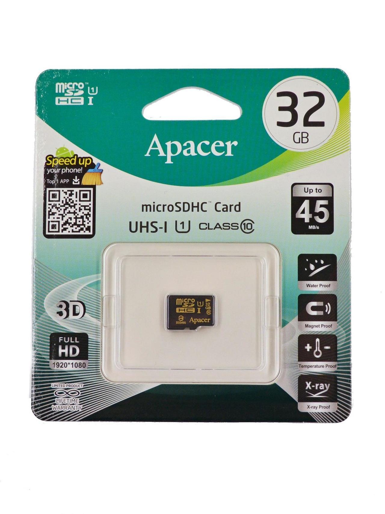 Карта памяти Apacer microSDHC 32Gb Class 10 UHS-I U1 (AP16GMCSH10U1-RA) (R\W 45\10 Mb\s)